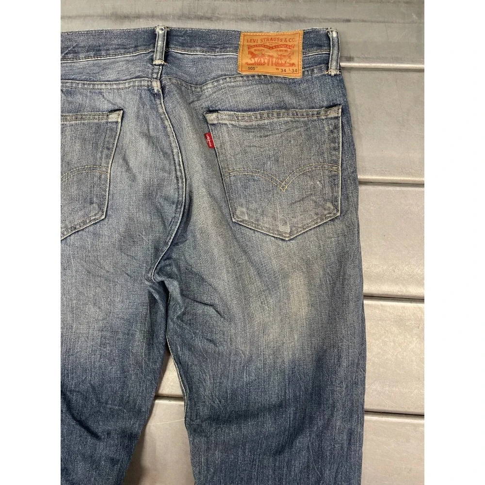 Levis 505 Jeans Straight Fit Jeans Mens 35x34 Blue Medium Wash‎ Denim Faded